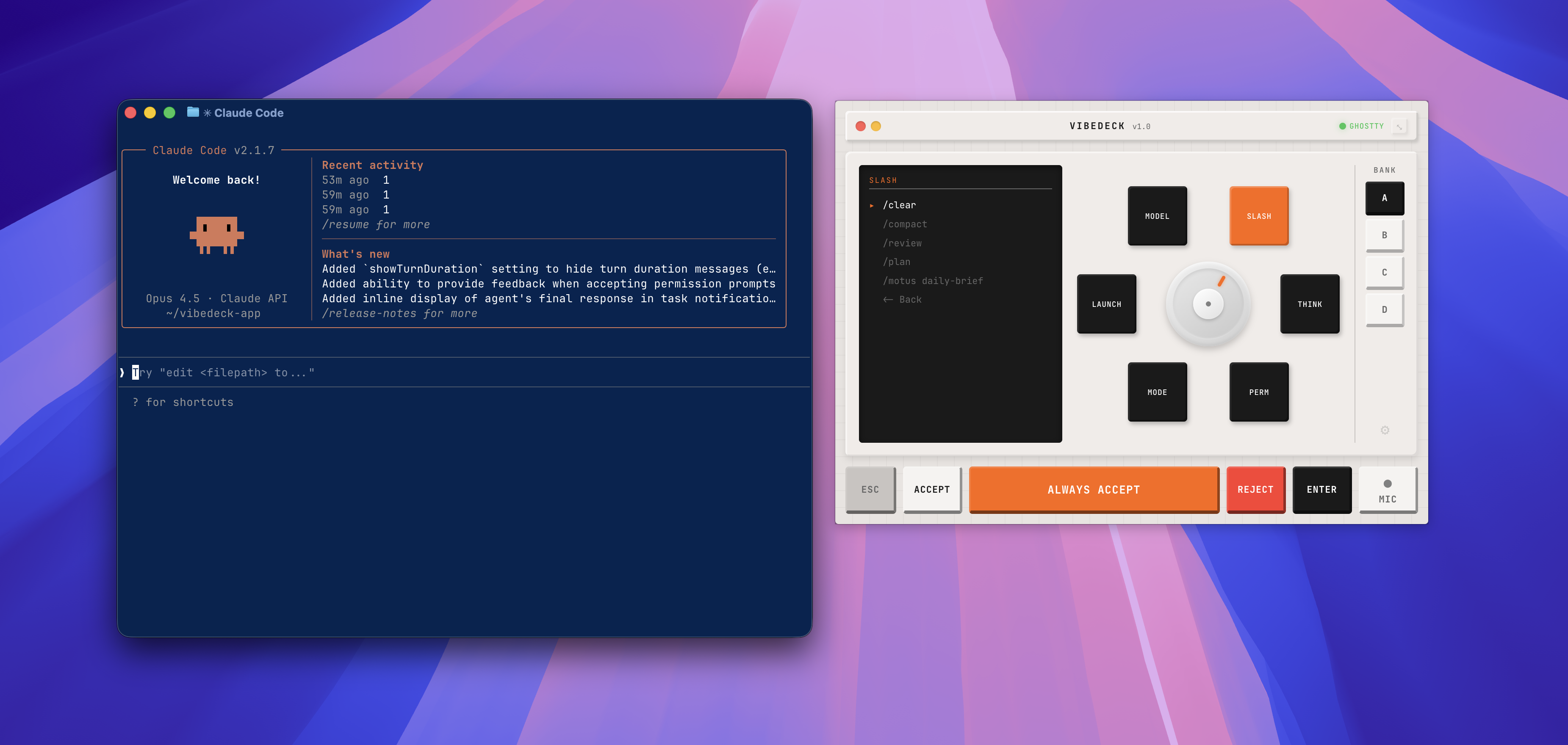 VibeDeck alongside Claude Code terminal